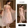 DZ Guiruo Sexy de Cuello en V Profundo con Copas de Pecho de Malla Transparente Tentación Bordada Camisola Camisón y Bata Set para Casa C7320