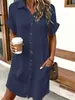 Ropa de mujer transfronteriza: Vestido camisa de manga corta enrollada, de un solo pecho, con cuello y textura, bolsillos grandes, vestido midi casual holgado