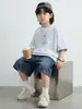 Camiseta de Manga Corta para Niños 2026 Nuevo Estilo de Verano para Niños Mayores, Top de Algodón Puro con Cuello Redondo y Bordado de Letras, Camiseta Holgada de Moda
