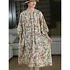 Vestido Largo Estampado de Algodón y Lino Retro para Mujer, Vestido Artístico con Cinturón de Corbata por Encima de la Rodilla, Bata Holgada