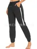 Calça de Corrida Esportiva Feminina Europeia e Americana com Cintura Elástica, Cordão, Listras Brancas Laterais, Calça Fitness de Cor Contrastante, Leggings para Mulheres