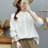 Camisa de manga larga de gasa de algodón de doble capa para mujer, diseño artístico con cuello puntiagudo bordado, camisa de algodón puro de alta calidad para exportación, corte holgado