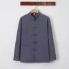 Primavera y Otoño Nuevo Estilo Chino Retro Camisa de Lino Estilo Chino para Hombre Manga Larga Algodón y Lino Camisa con Hebilla Cuello Vertical Vestido Tang