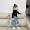 Otoño Nuevo Niñas Pegajoso Combinación Perfecta Holgado Recto Casual Estilo Coreano Niños Estampado Holgado Jeans Azul