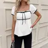 Camisa de Manga Corta Blanca Transfronteriza Rusa de Temperamento Espalda Descubierta Casual Cuello Cuadrado Patchwork Encaje Ropa de Mujer Europea y Americana