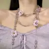 Collar Largo de Perlas y Camelia Morada Nebulosa, Nuevo Estilo Primavera y Verano, Cadena para Clavícula Dulce y Elegante para Mujer