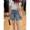Jeans Wide Leg com Renda Americana Costurada Feminino 2026 Verão Cintura Alta Solto Emagrecimento Pantacourt Reto Shorts