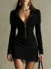 Vestido corto de manga larga estilo western con flecos transfronterizo europeo y americano, escote en V pronunciado, cremallera, corte ajustado, bodycon, vestido de fiesta americano