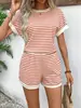 En Stock Primavera, Verano y Otoño Shein Amazon Aliexpress Tk Transfronterizo Europeo y Americano Conjunto de Camiseta a Rayas y Shorts de Punto