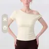Top de Yoga de Manga Corta Hombros Descubiertos para Mujer con Almohadillas en el Pecho, Camiseta Ajustada de un Hombro Fruncida Adelgazante, Top de Fitness Pilates Estilo Puro Deseo para Mujer