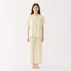 Conjunto de Pijama de Algodón Puro Doble Capa Estilo Japonés, Manga Corta y Pantalón Largo para Mujer, Ropa de Casa Fresca de Gasa de Algodón Sin Estampado, Estilo Rayado Casual
