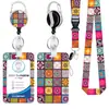 Lanyard de poliéster con transferencia térmica de pluma, hebilla de aleación de zinc redonda con epoxi arcoíris de fácil extracción, tarjetero de PVC floral