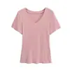 Diseño Puro Estilo Lujuria Hombro Derecho Manga Corta 2024 Nuevo Verano Cintura Fruncida Cuello en V Manga Corta Ajustada Sexy Camiseta para Mujer