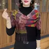 Elegante top base com gola alta e estampa retrô para mulheres, novo design outono/inverno slim fit, moderno e versátil