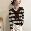 Nuevo Top de Punto Casual Raya Fina con Cuello Chal Falso de Dos Piezas Azul Marino Suéter de Manga Larga Adelgazante A14637