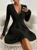 Vestido Casual Fashion Feminino Amazon Comércio Exterior Europeu e Americano Costela Manga Longa Decote V Cintura Marcada