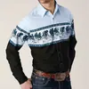 Camisa de manga larga para hombre, camisa casual de botones, camisa transpirable suave estilo étnico retro de mezclilla para hombre