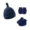 Estilo Comércio Exterior Chapéu Pulôver Liso para Bebê com Orelhas Conjunto de 3 Peças de Chapéu Luvas Botinhas para Recém-Nascido 0-6 Meses