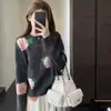 Estilo Casual e Sofisticado, Suéter Elegante Bordado e Requintado Cinza 100% Lã para Mulheres, Nova Malha Outono e Inverno, Top Camada Interna