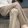 25 Pantalones Casuales de Punto Grueso de Lana Pura Cuatro Agujas con Abertura Lateral y Bolsillo con Solapa, Pantalones de Pierna Ancha de Color Puro Suelto