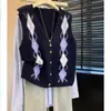 Colete de tricô casual estilo coreano para mulheres, com blocos de cor e padrão de losangos, decote V, corte solto, adequado para usar em camadas no outono, top sem mangas