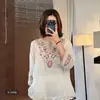 Camisa Bordada Estilo Étnico Feminina Verão Única Linda Top Estiloso Algodão Linho Manga Curta Fina