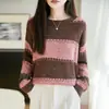 Outono/Inverno 2026 Novo Tricô Fino de Lã Gola Redonda Manga Longa Feminino Bloco de Cores Lantejoula Solto Pulôver Camisa Base