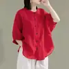 Camisas de Algodón y Lino para Mujer de Primavera y Verano, Mangas de Linterna, Tops Artísticos Retro, Camisas Holgadas Adelgazantes de Manga Media para Mujer Tallas Grandes