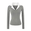 Camiseta de Manga Longa Moda Sexy com Gola de Camisa Estilo Europeu e Americano 2025 Outono e Inverno Nova Sexy Slim Cintura Top Básico