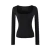 Camiseta Básica de Manga Larga para Mujer, Color Sólido, Elástica, Cuello en U Sexy, Bolsillo, Ajustada, Define la Cintura, para Otoño