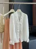 Camisa Larga de Encaje Bordado Estilo Francés de Gama Alta para Mujer, Verano Elegante Cuello en V Versátil Holgada Chic Blusa Top