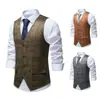 Chaleco retro de ante con estampado de cuadros, cuello en V para hombre, chaleco de traje de un solo botón, ropa formal casual estilo británico