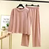 Roupa de casa quentinha, novo estilo outono e inverno, conjunto de duas peças para mulheres com top grosso soltinho de manga longa com gola redonda e calça pantalona