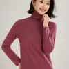 Suéter Pulôver Feminino de Tricô Cashmere Cor Sólida com Borda Enrolada e Gola Sobreposta, Manga Longa, Caimento Solto, Efeito Emagrecedor