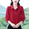 Moderna Camisa de Manga Tres Cuartos para Mujer, Versátil Top de Seda en Rojo y Negro, Nuevo Estilo Primavera/Verano 2026