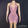 Ropa de Práctica de Danza Latina Sexy Transparente con Pedrería Vestido Halter Ropa de Performance para Cantante Femenina Invitada Anfitriona Femenina