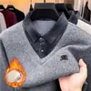 Suéter masculino com forro de fleece, falso duas peças, manga longa, camada base, gola de camisa, camiseta, casual para meia-idade, manga longa, suéter espessado, grosso
