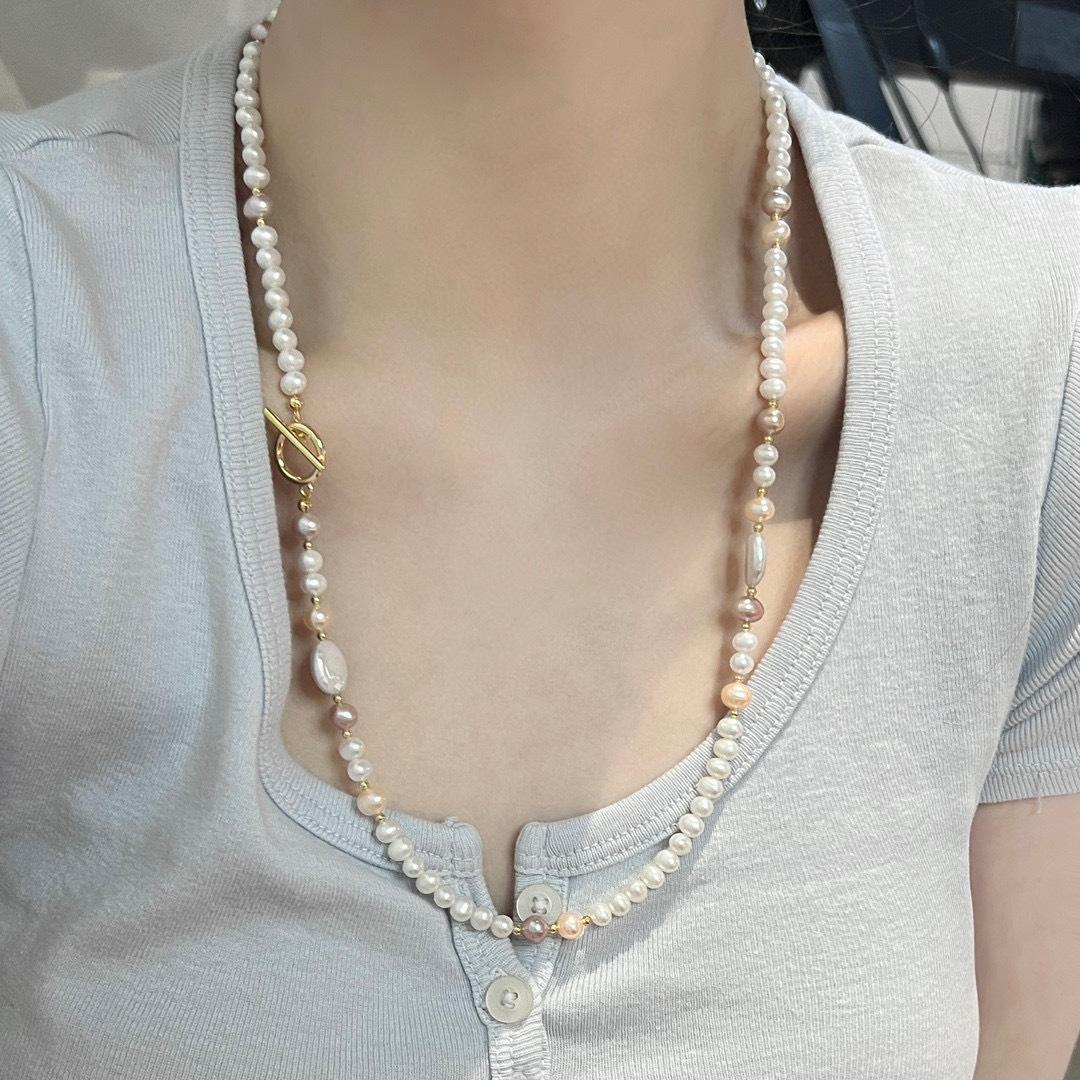 时尚百搭天然淡水珍珠项链女彩色串珠小众OT扣高级感