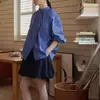 Miu camisa blusa de manga larga con volantes y cuello alto de cuadros azules cuadros azules cuadros blancos spandex