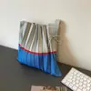 Bolso de Hombro Plegado Coreano con Bloques de Color, Bolso Tote Grande de Viaje, Bolso de Cuerda Tejido de Color Contrastante, Bolso de Mano a la Moda
