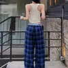 Pantalones de Pierna Ancha Cuadros Azul y Negro High Street para Mujer, Verano Finos de Cintura Alta Adelgazantes Sueltos Fluidos Casuales de Largo Hasta el Suelo Tallas Grandes