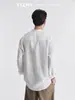 Camisa de Lino Tencel con Cuello Mao y Mangas Largas para Hombre, Transpirable de Verano, Texturizada, un Bolsillo, Holgada, Estilo Chino