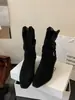 Primeiro Encontro Temporada Botas de Cano Curto Salto Bloco Botas Western Foscas Temporada Outono/Inverno Salto Alto Botas com Salto Empilhado Femininas Retro Versátil Plissadas Botas de Cavaleiro