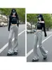 Chanlan Calças esportivas flared cinza claro estilo americano com forro de fleece para outono e inverno para mulheres, calças bootcut casuais de cintura alta para mulheres baixinhas
