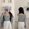Camisa de Forro de Lã Grossa Quente Outono e Inverno Feminina com Gola e Bojo no Peito Slim Fit Top de Forro Interno Manga Longa Curta