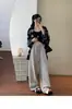 Calça de Tricô Larga Forrada com Fleece Estilo Porcelana Azul e Branca Outono e Inverno para Mulheres, Cintura Alta, Solta, Estilo Preguiçoso, Calça de Moletom Casual de Comprimento Total