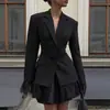 Estilo Delicado Design de Nicho Blazer Preto para Mulheres no Outono Versátil Cintura Manga Longa Renda Costura Terno