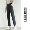 Pantalones bombachos negros para mujer, nuevo estilo otoño e invierno, talla grande, adelgazantes, forrados de polar, pantalones cropped, pantalones casuales holgados tipo zanahoria