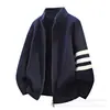 Suéter retro con cremallera y tres rayas para hombre, corte holgado, oversized, con cuello alto, cárdigan de punto, top versátil de otoño/invierno para hombre