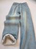 Jeans de Pierna Recta de Forro Polar Azul Claro para Mujer, Talla Grande Holgados, Figura de Pera, Cintura Alta, Cubre Cadera, Pantalones de Pierna Ancha Adelgazantes